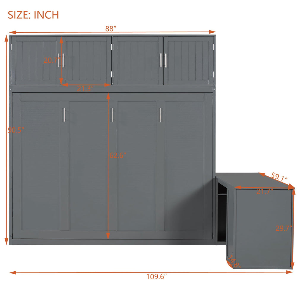 Merax Queen Size Wall Murphy Bed with Desk and Storage Shelves and Big Cabinets for Guest Room, Bed Room, Guest Room, Home Office, Gray