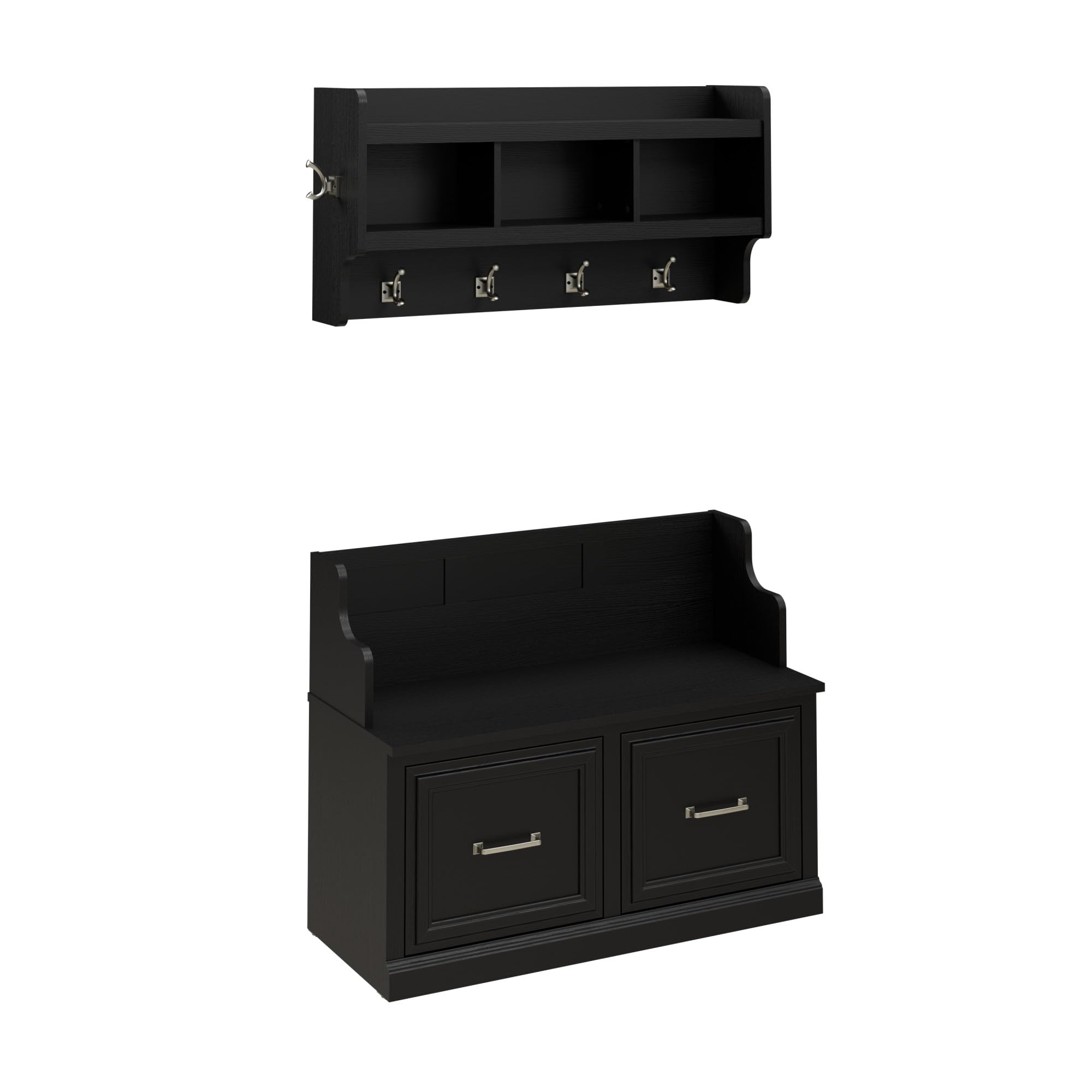 Bush Home Woodland 40W Entryway Bench with Doors and Wall Mounted Coat Rack in Black Suede Oak | Mudroom Shoe Storage, Clothing Organizer