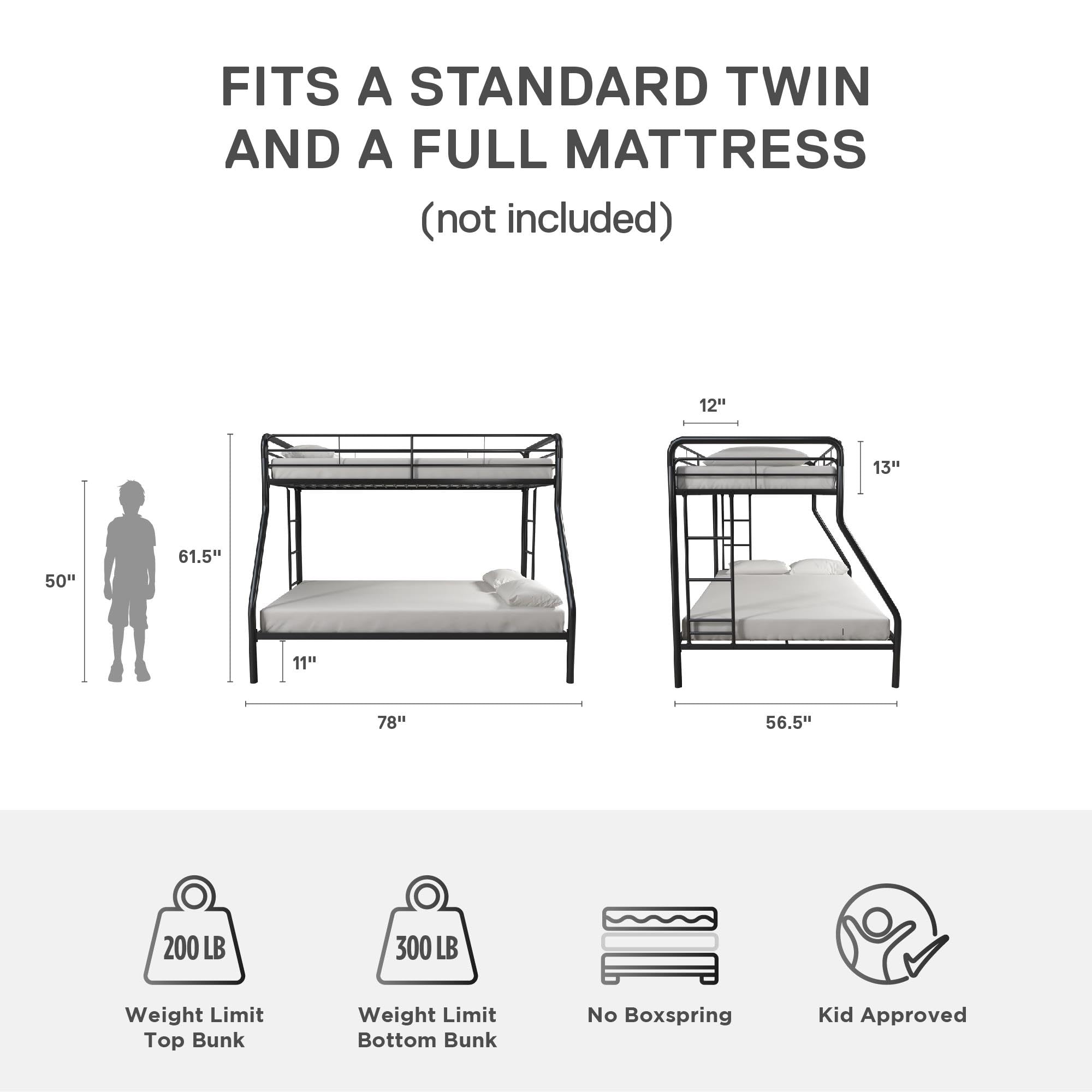 DHP Dusty Metal Bunk Bed with Secured Ladders, Twin/Full, Black