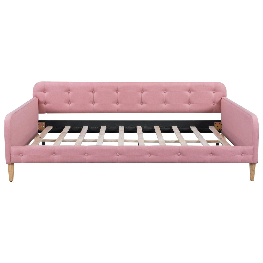 GDFStudio Full Size Upholstered Daybed with Support Legs, Linen Sofa Bed Frame with Button Tufted Sides, Wood Slat Support, No Box Spring Required, Modern Guest Bed for Bedroom or Living Room, Pink
