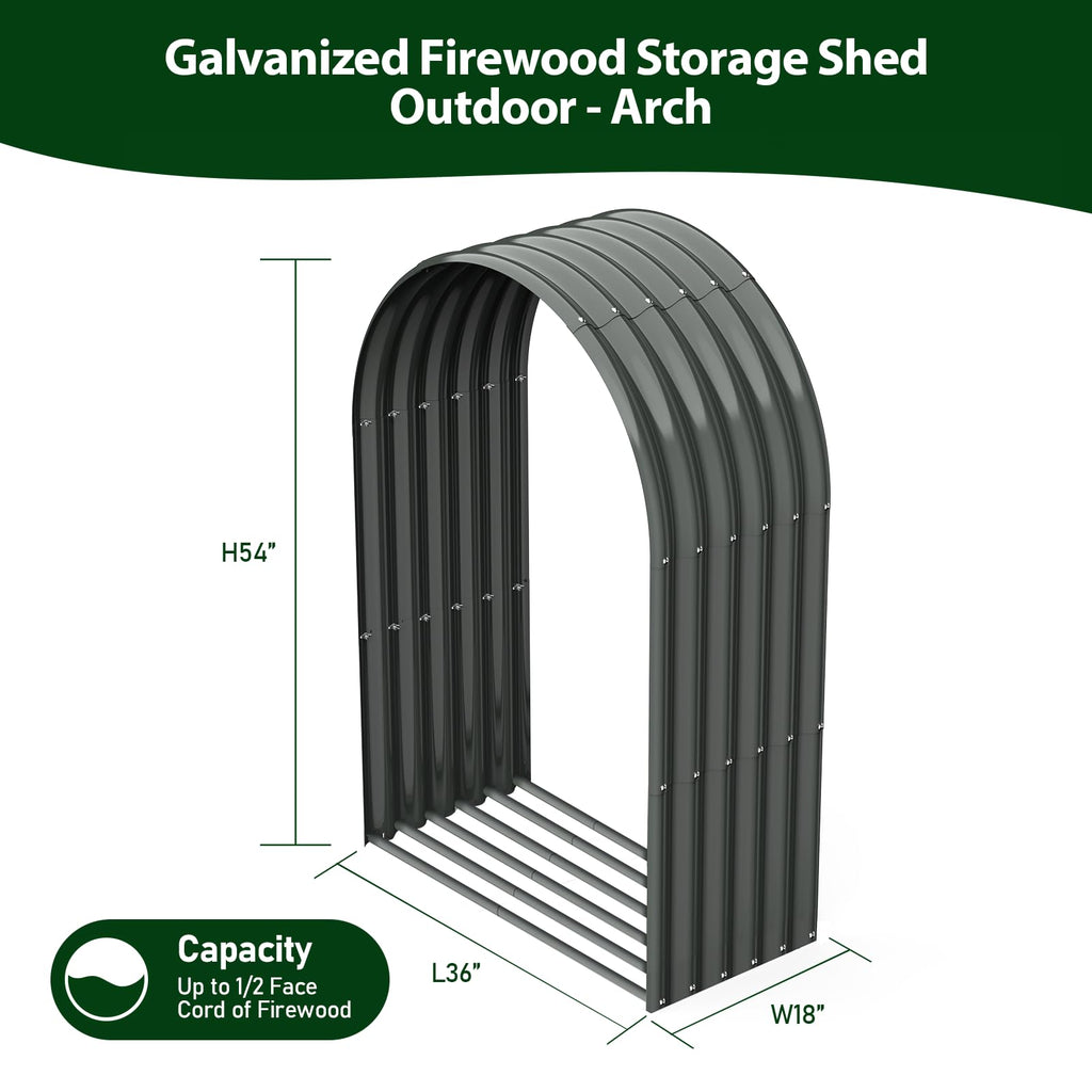 A ANLEOLIFE 4-Set Galvanized Steel Firewood Storage Rack with Weatherproof Corrugated Roof, Heavy Duty Outdoor Log Holder for Patio Porch Fire Pit, Arch Gray