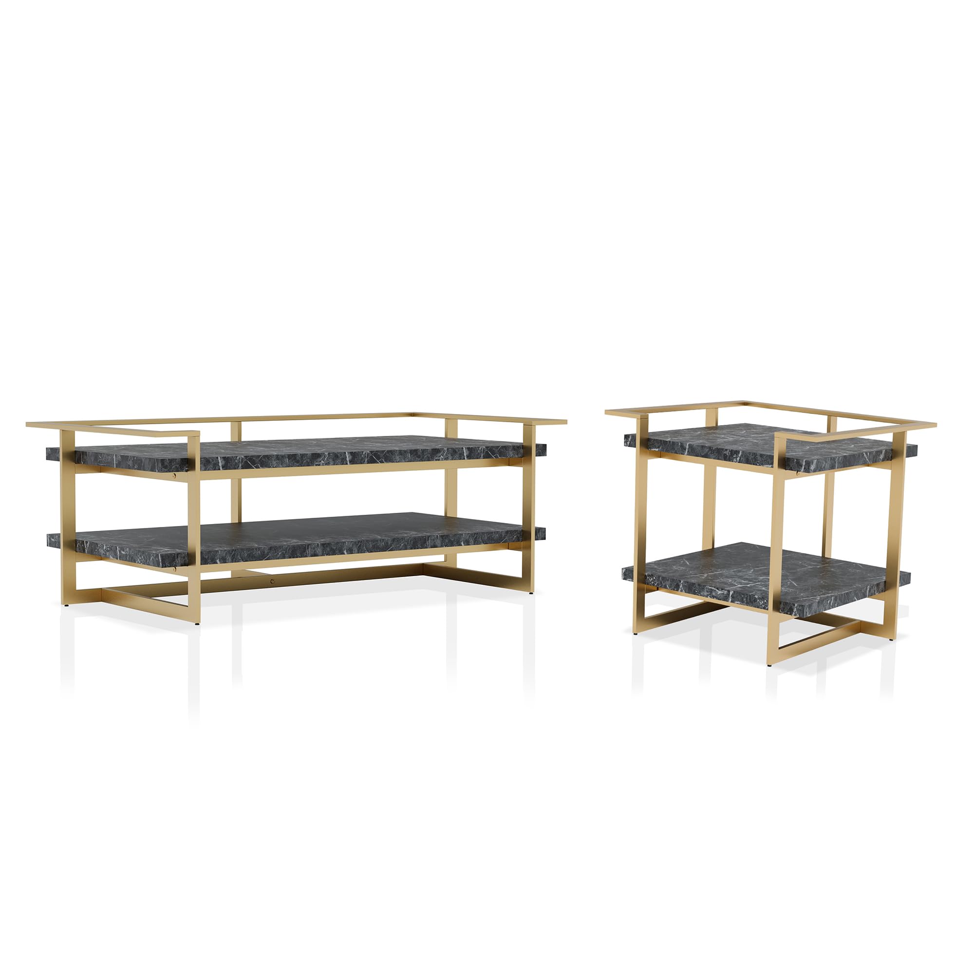 24/7 Shop at Home Daphne Modern Metal Faux Marble Top 2-Piece Coffee Table Set with Open Shelves for Living Room, Bedroom, Home Office, Gold and Black