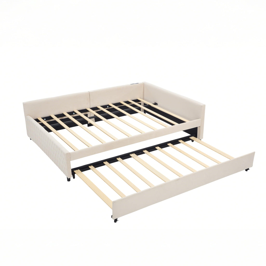 DNYN L-Shaped Corner Daybed with Pull-Out Trundle and Dual USB Ports for Bedroom/Guest Room, Velvet Bed Frame w/Wooden Slats Support and LED, Space-Saving & No Box Spring Needed, Beige