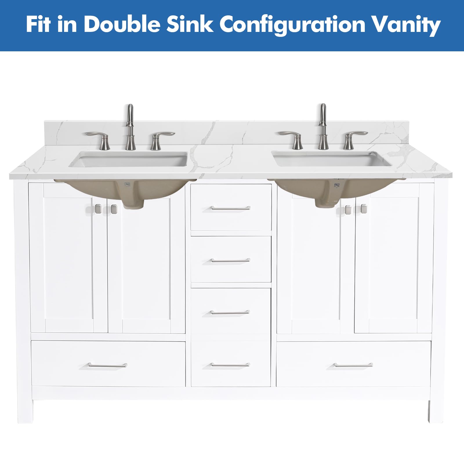 EQLOO 60 in.W x 22 in.D Quartz Calacatta River Vanity Top,with Undermount Double Sink Vanity Top,with Two Sidesplash & One Backsplash,8 Inch Faucet Hole Spread Bathroom Vanity Sink Countertop