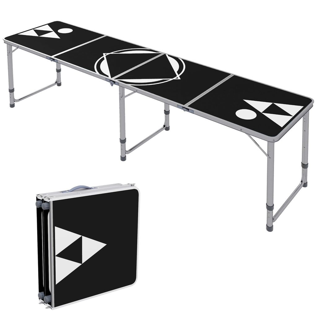 8ft Portable Beer Pong Table with Adjustable Legs, Folding Camping Table, Aluminum Picnic Table, for Party, Travel, BBQ, Beach, Black and White