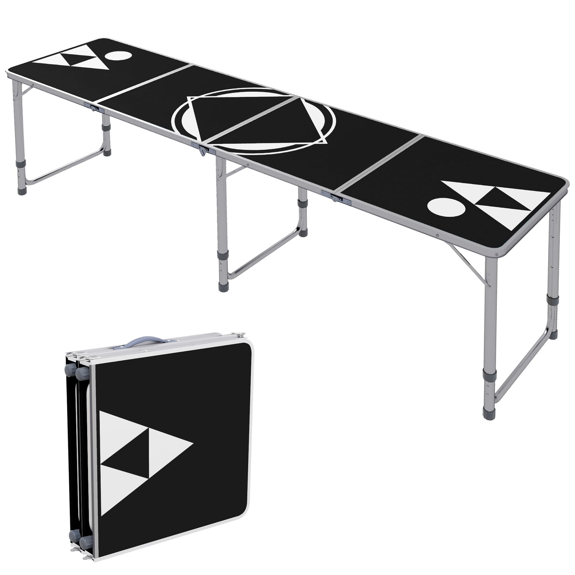 8ft Portable Beer Pong Table with Adjustable Legs, Folding Camping Table, Aluminum Picnic Table, for Party, Travel, BBQ, Beach, Black and White