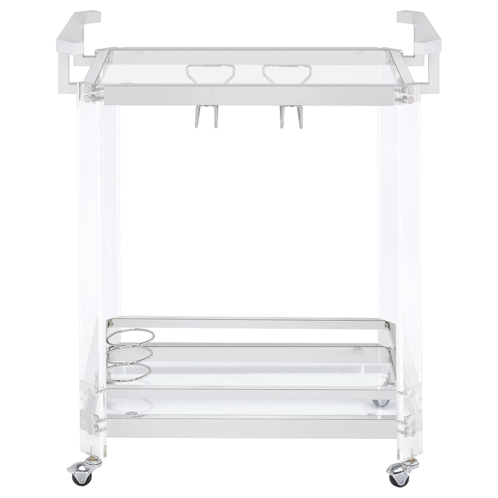BOWERY HILL Bar Cart, Chrome Finish, Acrylic and Metal Frame with Glass Shelves, 35" H x 28.5" W x 17.25" D, Wine Bottle and Stemware Racks, Contemporary Style Serving Cart with Wheels