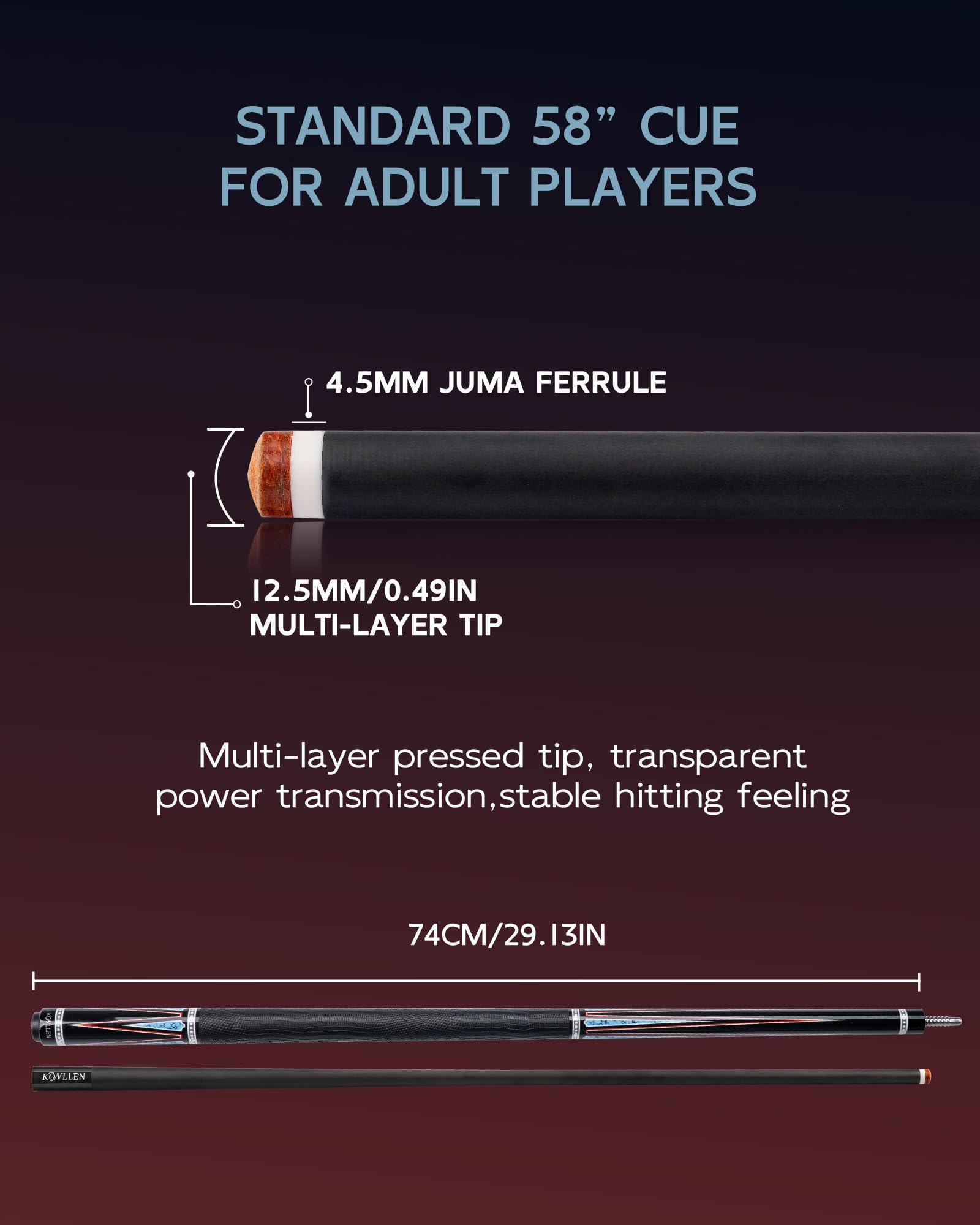 KONLLEN Carbon Fiber Pool Cue 2.0, 58-inch Low Deflection Billiard Stick for Adults with 12.5mm Tip and Pro Taper