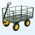 4-in-1 Heavy Duty Steel Garden Yard Cart - 1500 lbs Capacity - 13 Inch All-Terrain Wheels - Removable Mesh Sides - Dark Green Frame, Yellow Hubs, Black Handlebars