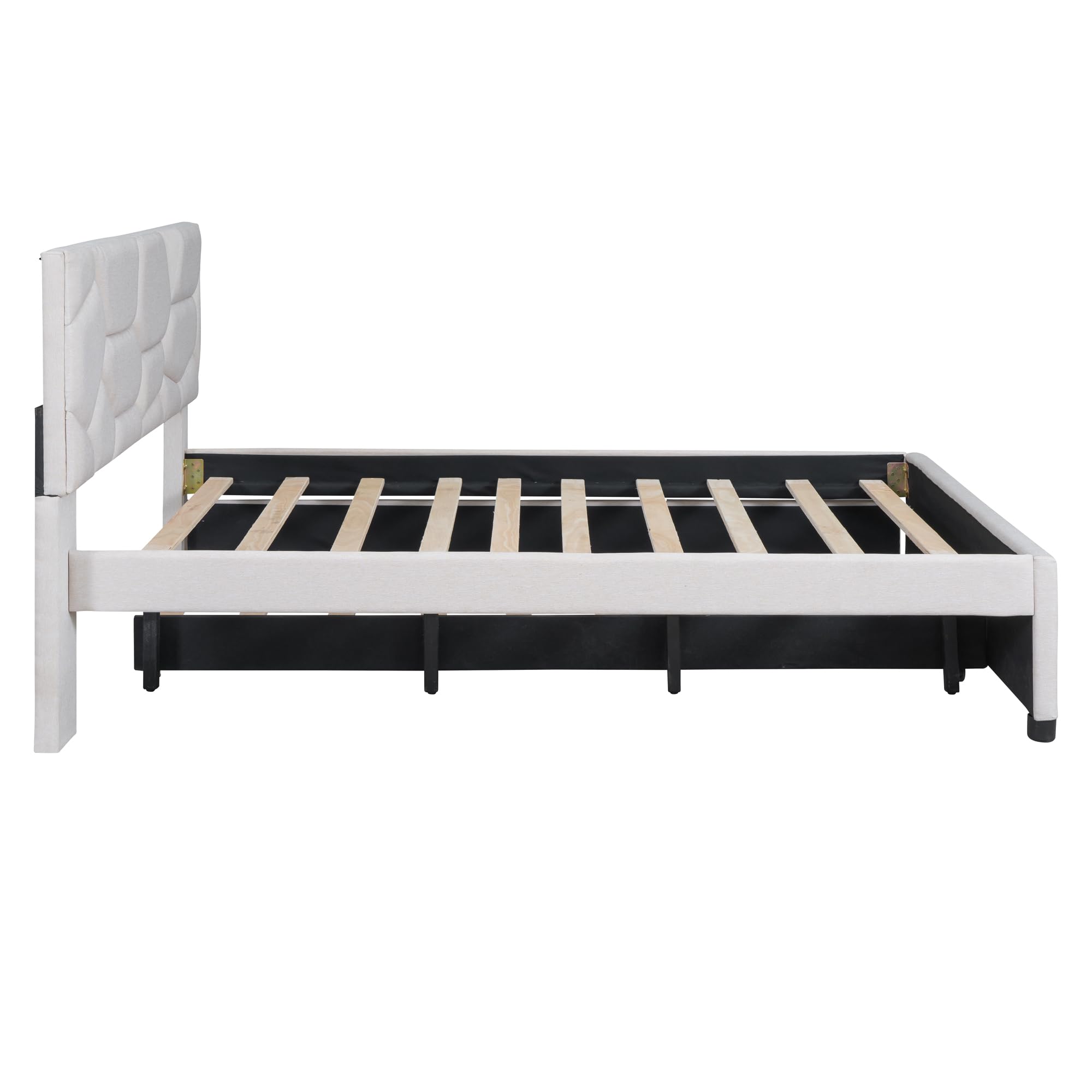 Brisca Full Size Linen Upholstered Platform Bed with Brick Pattern Headboard and Twin Size Trundle,Bed Frame W/ 10 Wooden Slats & 4 Supporting Legs,for Bedroom,Apartment,Guest Room,Beige
