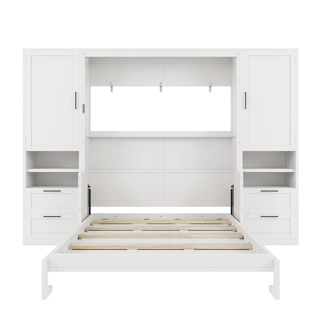 Merax Queen Size Murphy Bed with Desk, Multifunctional Foldable Wall Bed with Closet, Drawers and Shelves, Space-Saving Wood Platform Bed Frame for Small Spaces Studio Study Office Guest Room, White