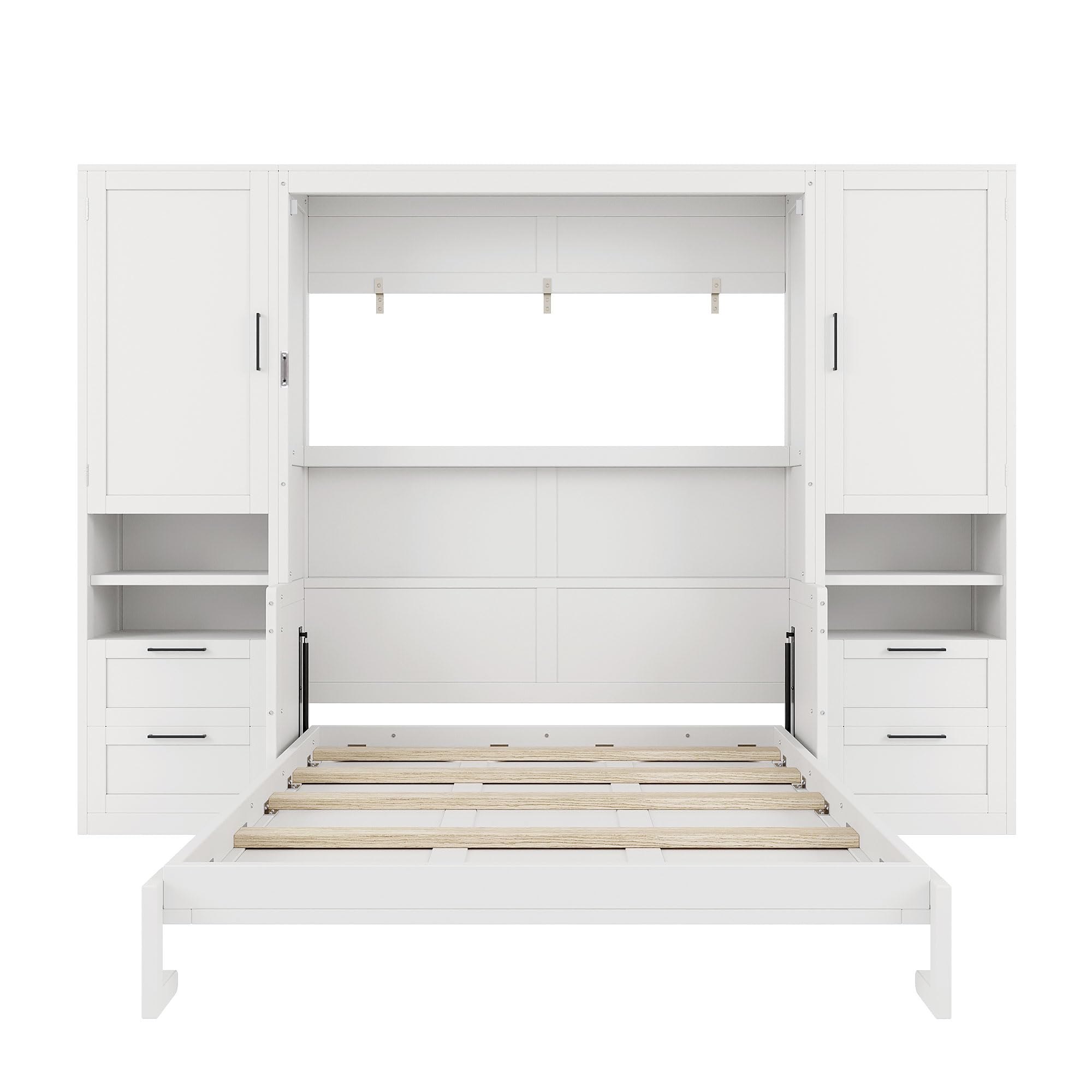Merax Queen Size Murphy Bed with Desk, Multifunctional Foldable Wall Bed with Closet, Drawers and Shelves, Space-Saving Wood Platform Bed Frame for Small Spaces Studio Study Office Guest Room, White