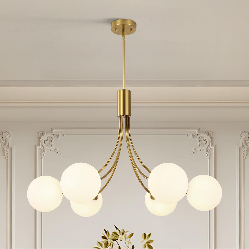 Xeruyiwa 6-Light Modern Gold Sputnik Chandelier Mid Century Brushed Brass Light Fixture with Milk Glass Globes for High Ceiling Dining Room Kitchen Island Living Room
