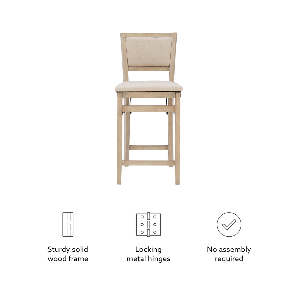 Linon Keira Natural Rustic Wooden Folding 25 Inch Seat Height Counter Stool with Beige Upholstered Seat and Back