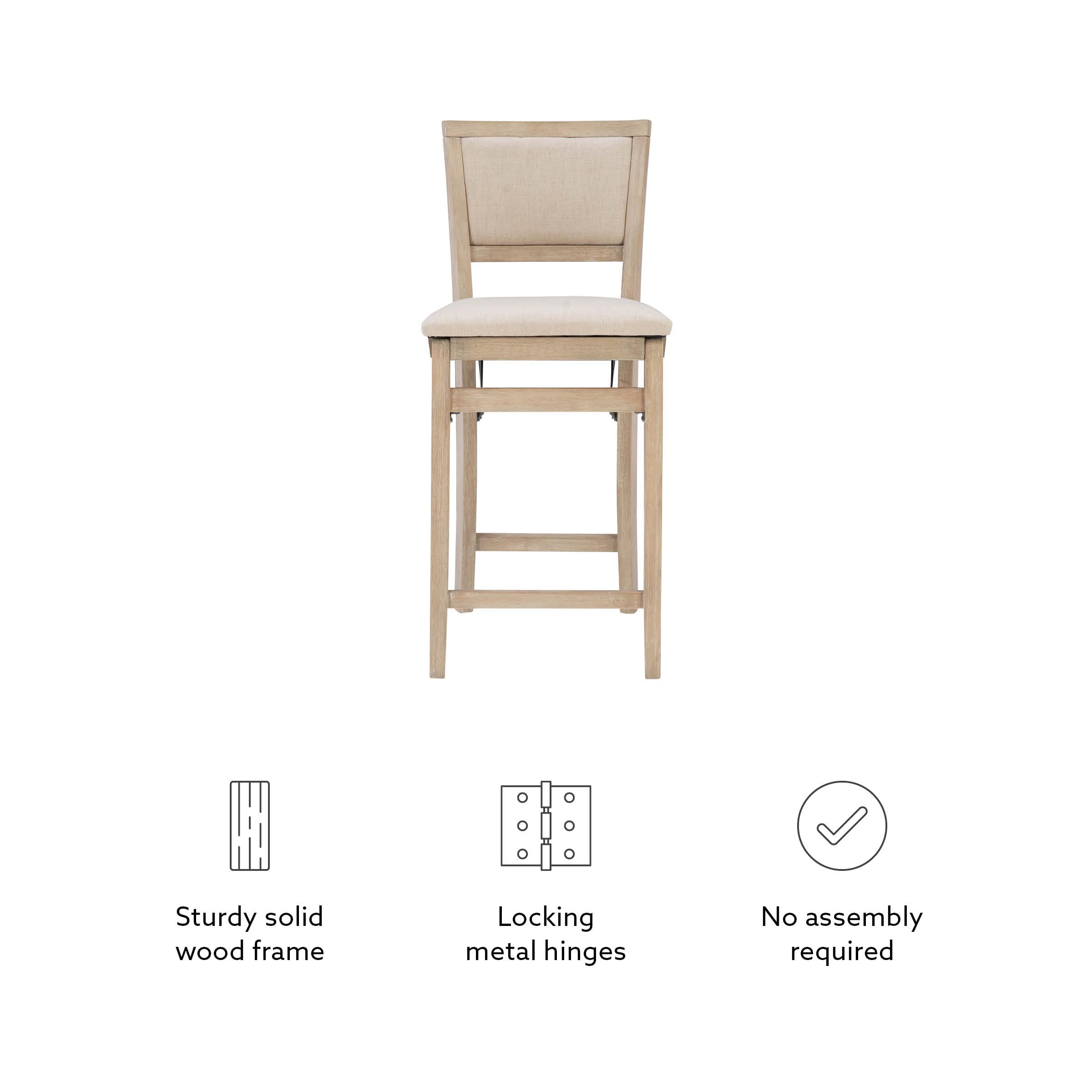 Linon Keira Natural Rustic Wooden Folding 25 Inch Seat Height Counter Stool with Beige Upholstered Seat and Back