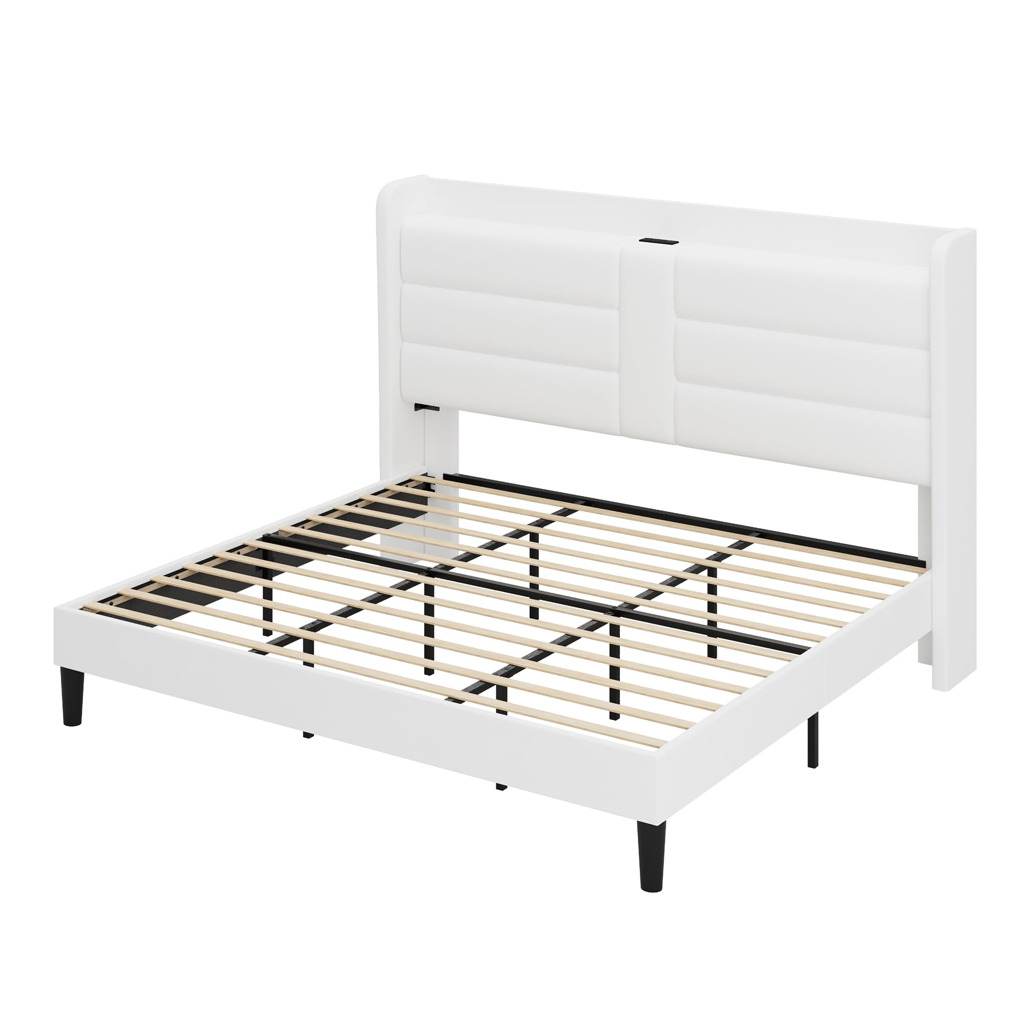 Allewie King Size Platform Bed Frame with Charging Station & Storage Headboard, Upholstered Velvet Wingback Design & USB Port, Strong Wooden Slats Support, No Box Spring Needed, Easy Assembly, White