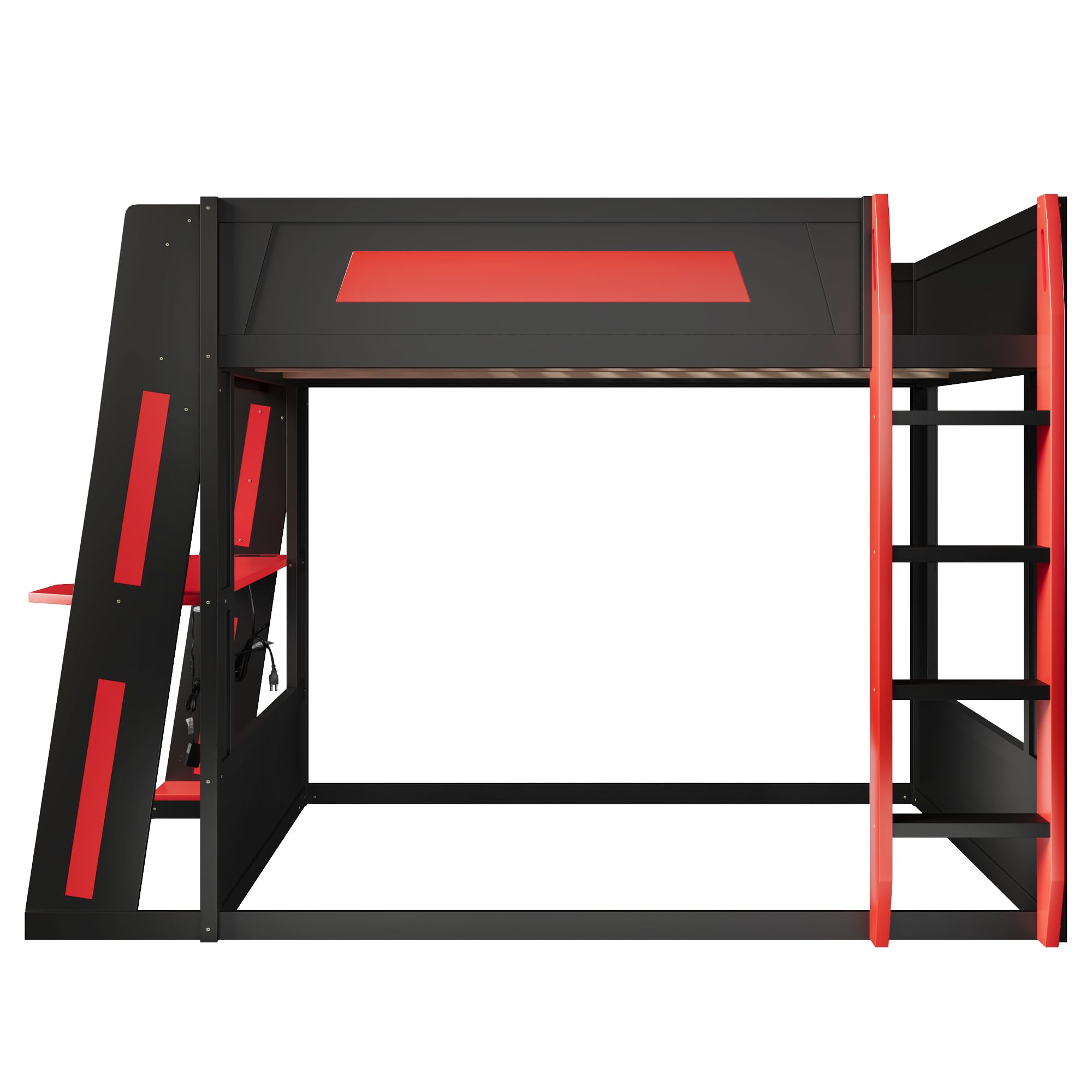 Merax Queen Over Queen Wooden Gaming Bunk Bed with Built-in Desk, LED Lights, USB Port, and 2 Storage Shelves, Solid Wood Gaming Loft Bed for for Bedroom, Black+Red