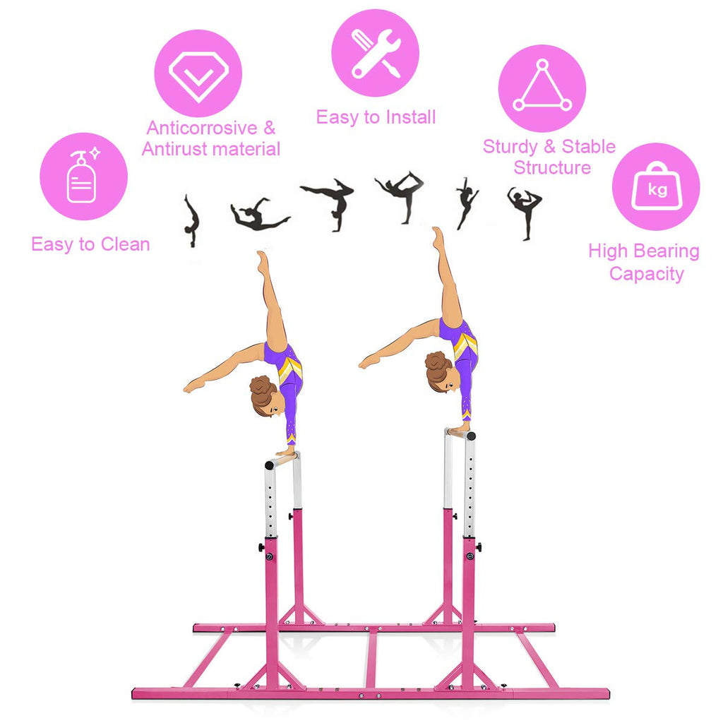 Costzon Double Horizontal Bars, Junior Gymnastic Training Parallel Bars w/ 11-Level 38-55" Adjustable Heights, Converted Single Bar, 264lbs Capacity, Ideal for Indoors, Outdoors, Home Practice (Pink)