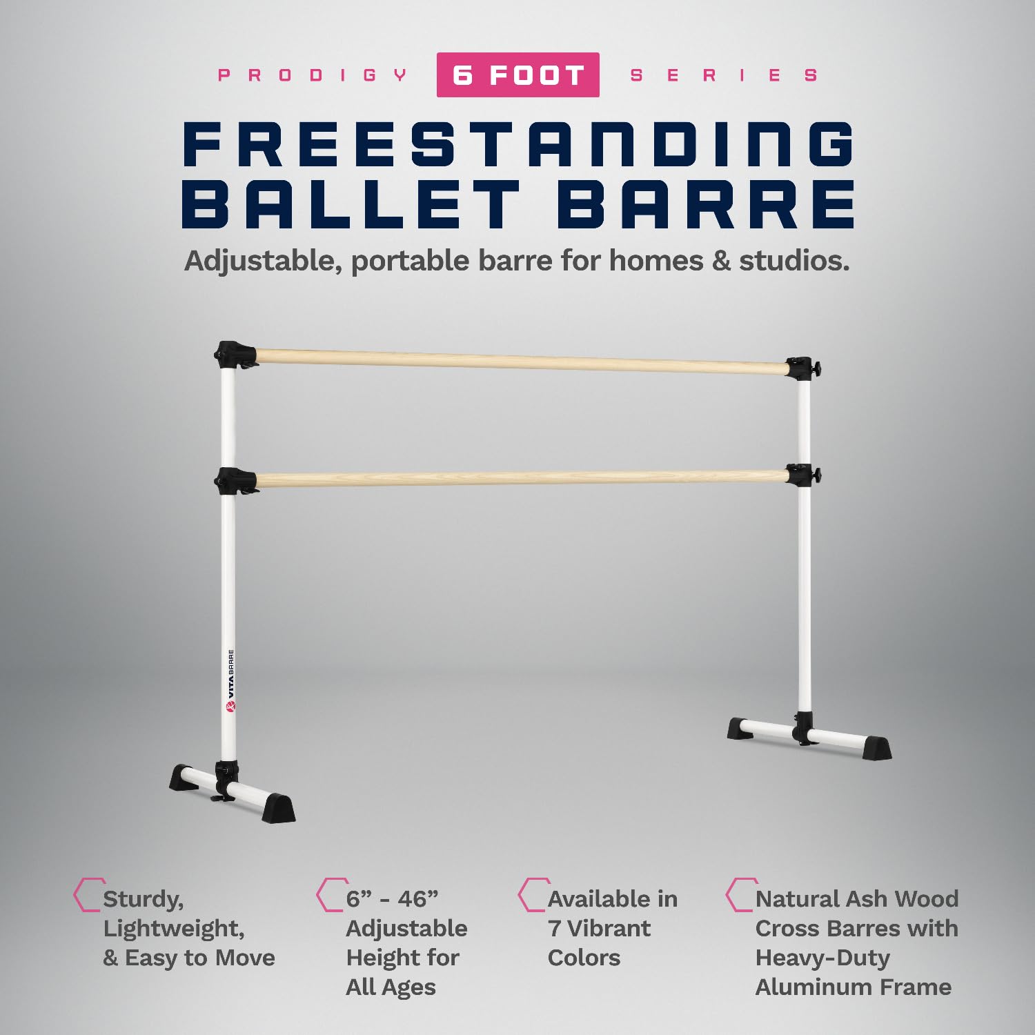 VITA Barre Portable Freestanding Double Ballet Barre, Prodigy, 6 Ft Bars, White | Adjustable Height, USA Made, Home or Gym Exercise Equipment for Kids & Adults | Dance, Fitness, Pilates