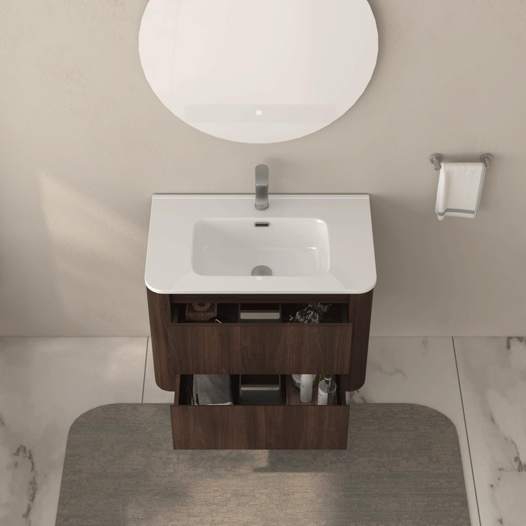 GDFStudio 30" Wall Mounted Bathroom Vanity with Sink,Floating MDF Cabinet with Soft-Close Double Drawers,Vanity with White Ceramic Integrated Basin, Modern Space-Saving Bathroom Storage,Dark Walnut