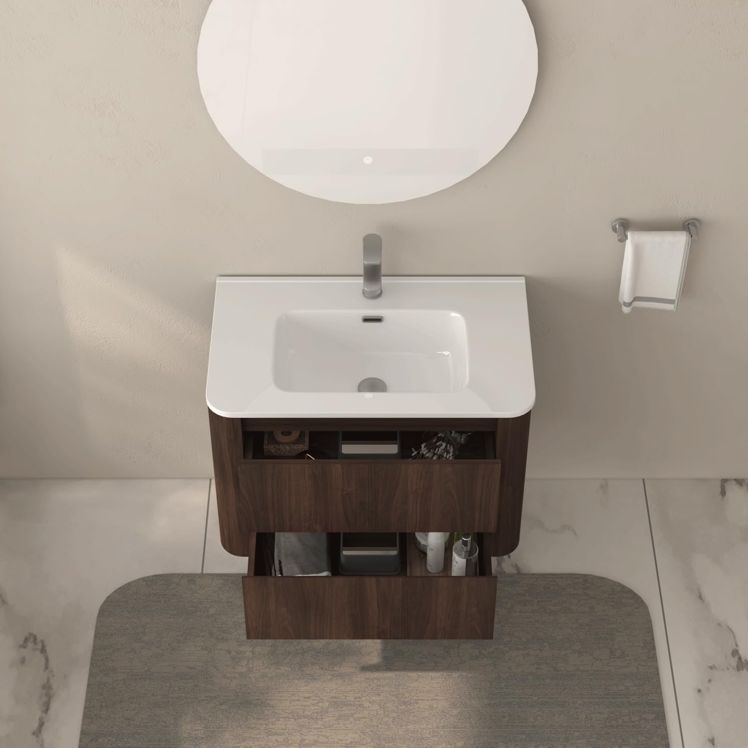 GDFStudio 30" Wall Mounted Bathroom Vanity with Sink,Floating MDF Cabinet with Soft-Close Double Drawers,Vanity with White Ceramic Integrated Basin, Modern Space-Saving Bathroom Storage,Dark Walnut