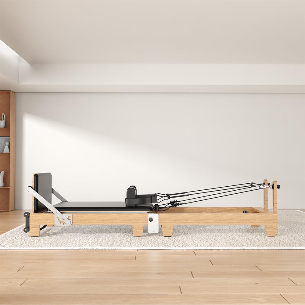 Wooden Foldable Pilates Reformer Machine, Quick-Assembly Studio Grade Pilates Reformer for Home and Gym, Pilates Equipment with Adjustable Resistance, Jump Board and Accessories