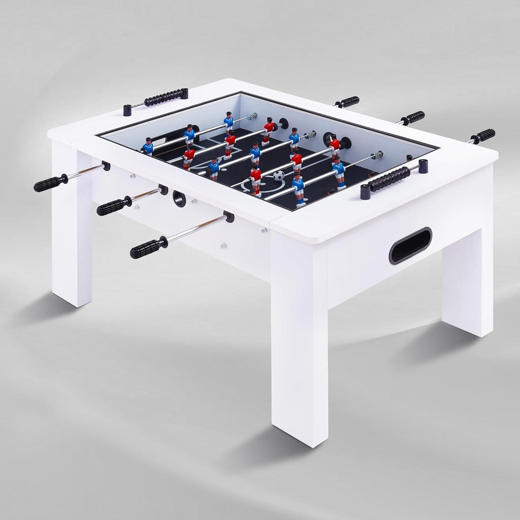 RAYKEEP Foosball Coffee Table, 2-in-1 Soccer Game Table and Coffee Table, Modern Multi Game Table with 2 Balls, Tempered Glass, for Living Room, Family Entertainment Center (White)