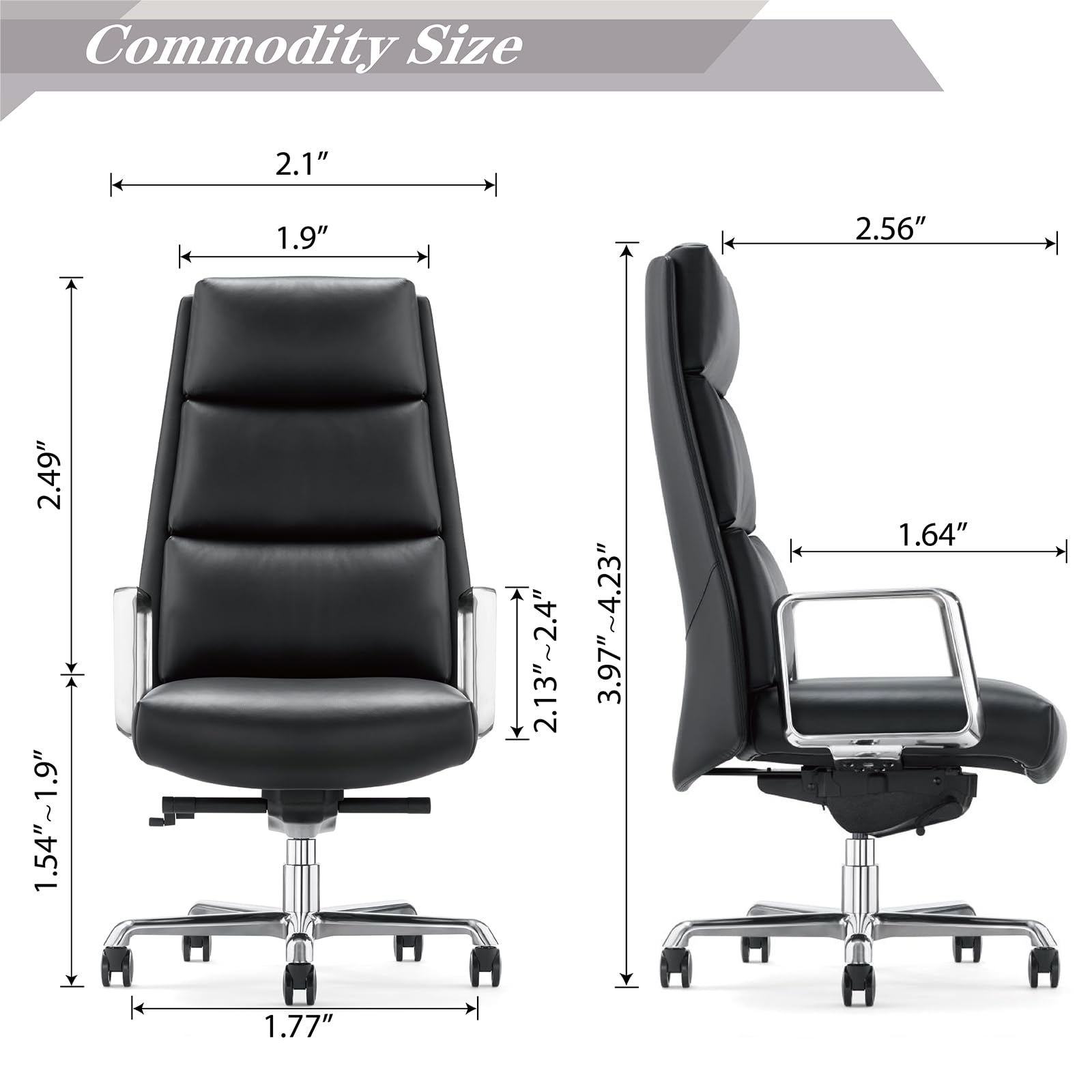 FURIJING Genuine Leather Aluminum Base High Back Executive Chair,Modern Ergonomic Real Leather Office Chair Boss Executive Chair with Synchro-Tilt Mechanism-Black.