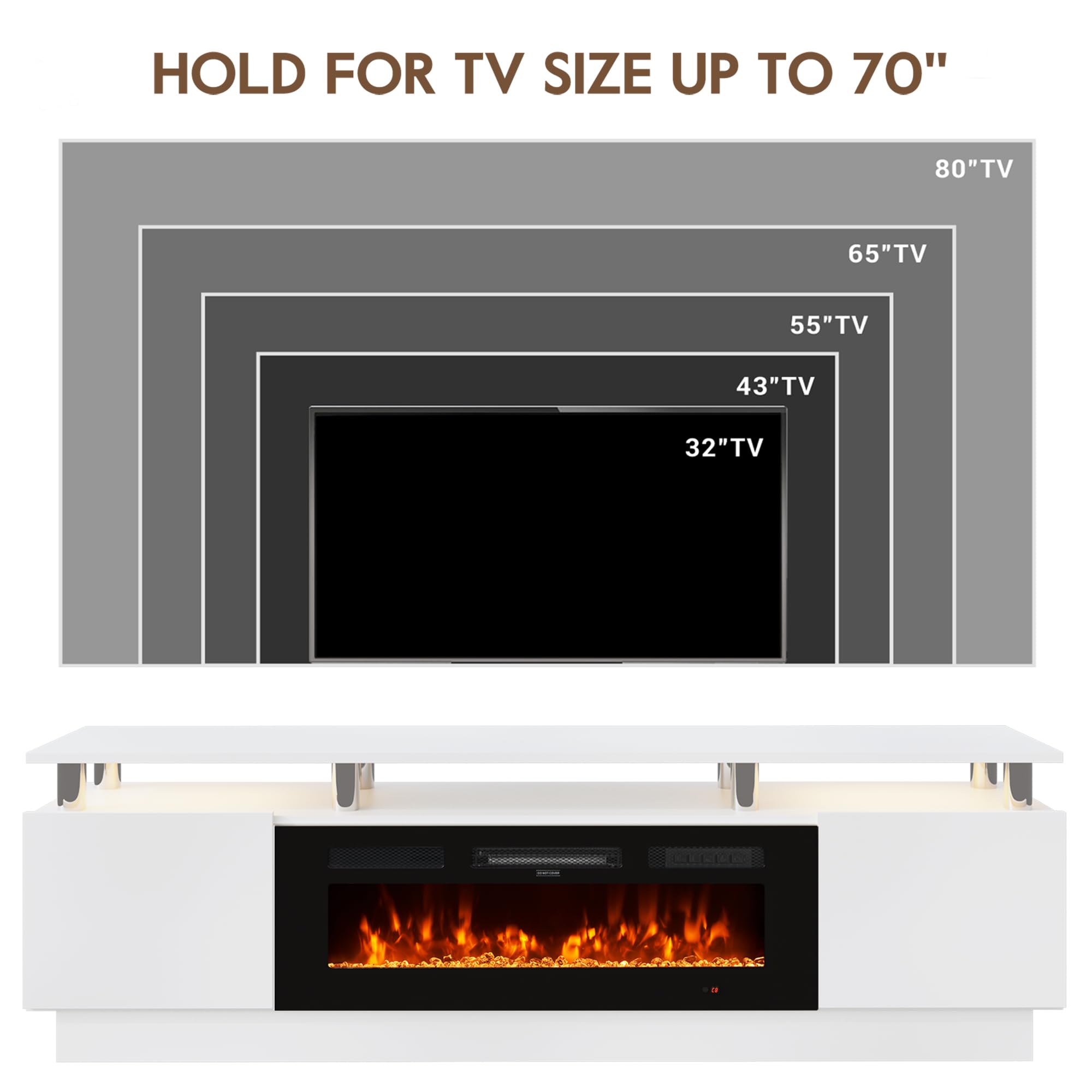 OneBlis 70" Fireplace TV Stand for TVs UP to 80", Electric Fireplace Entertainment Center with LED Lights & Storage Cabinets, TV Console for Living Room, Office, White-Black