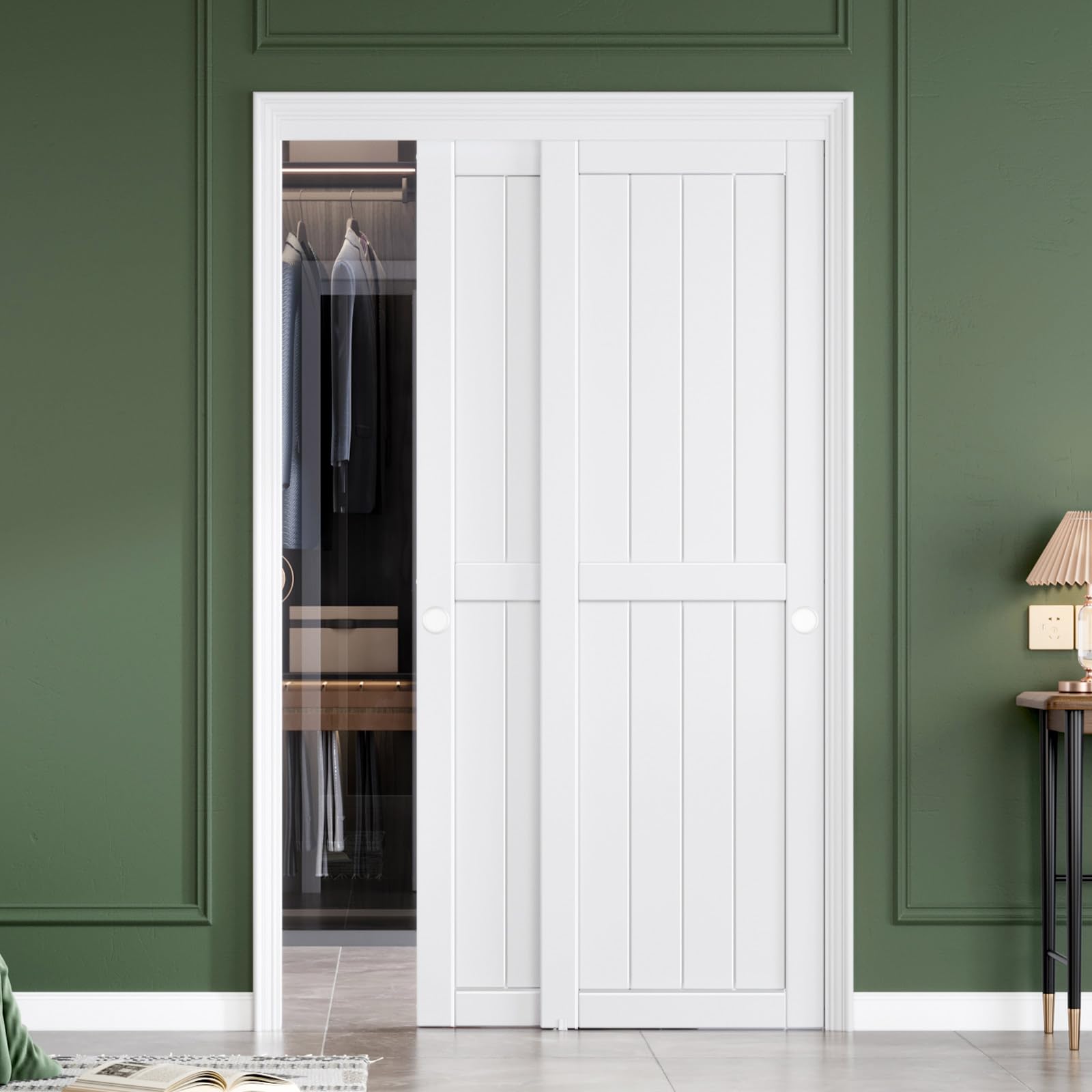 FREDBECK Sliding Closet Doors 48x80(Double 25inch),Bypass Barn Door with Hardware,for Bedroom,White,H Frame,Assemble Required