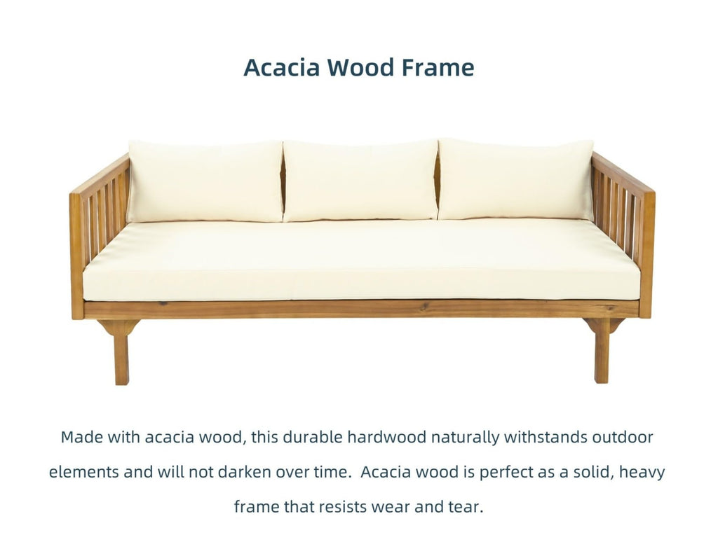 Merax Solid Acacia Wood Couch Chaise Lounge Chair Indoor, 3 Seater Daybed Sofa Couches with Cushions & Pillow, Heavy Frame Day Bed for Living Room, Office, Outdoor, Balcony, Patio, Water Resistant
