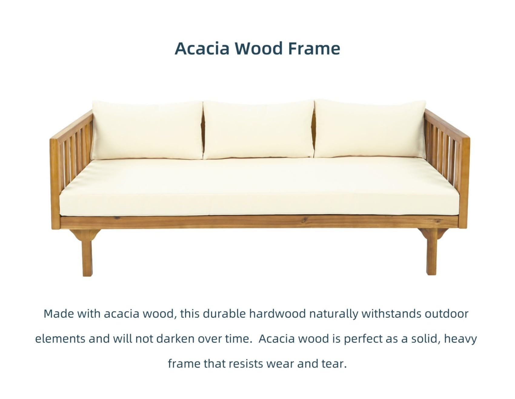 Merax Solid Acacia Wood Couch Chaise Lounge Chair Indoor, 3 Seater Daybed Sofa Couches with Cushions & Pillow, Heavy Frame Day Bed for Living Room, Office, Outdoor, Balcony, Patio, Water Resistant