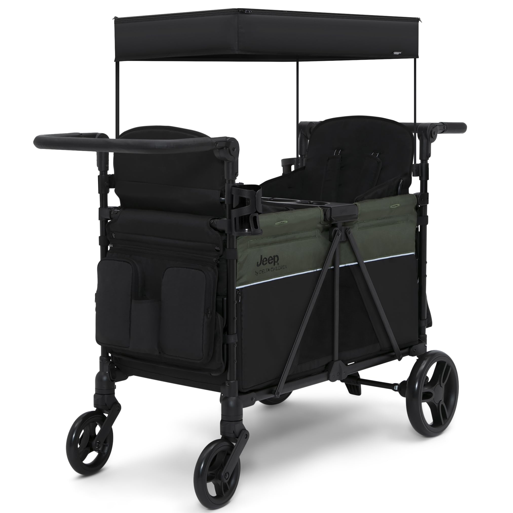 Jeep Aries Stroller Wagon by Delta Children Premium Wagon for 2 Kids with Convertible Seats, Adjustable Push/Pull Handles, Removable Canopy & Flat Fold - Greenguard Gold Certified, Black/Green
