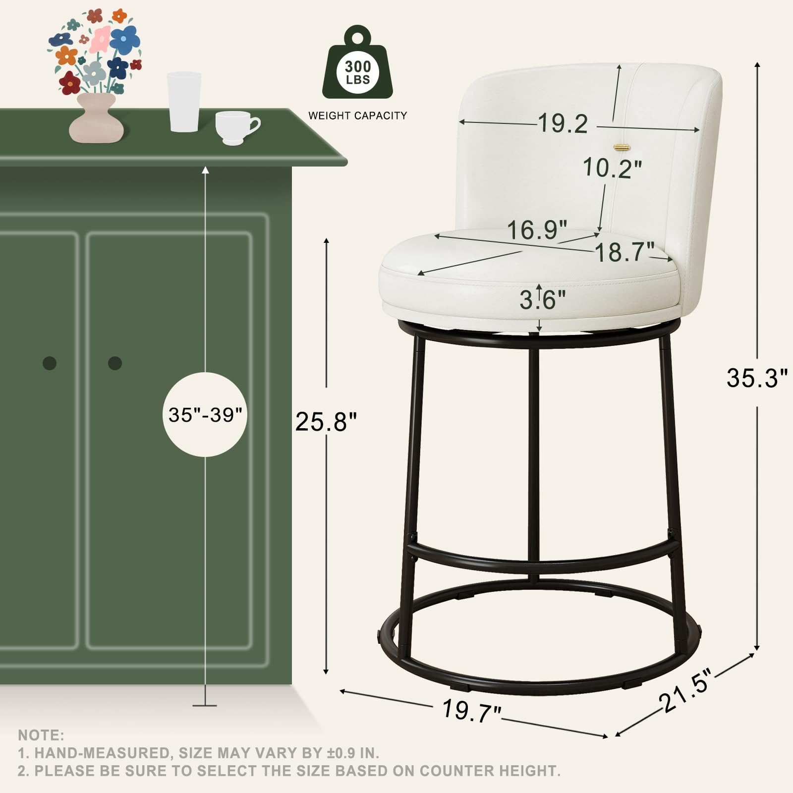 SAECKBERG Swivel Counter Height Bar Stools Set of 4, 26" H Modern Bar Stools for Kitchen Island Counter, Upholstered Barstools with Backs, Counter Height Chairs （White, Faux Leather）
