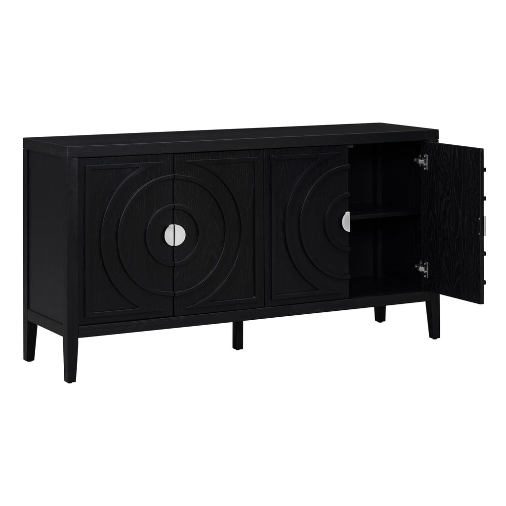 Jintop Retro Sideboard with Circular Groove Design Round Metal Door Handle,Wooden Buffet Cabinet,W/Adjustable Shelves & Open Countertop,for Entrance Living Dinning Room,Black