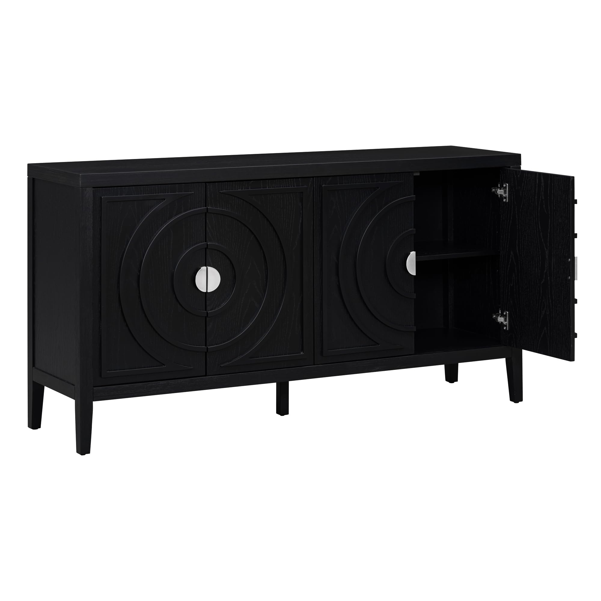 Jintop Retro Sideboard with Circular Groove Design Round Metal Door Handle,Wooden Buffet Cabinet,W/Adjustable Shelves & Open Countertop,for Entrance Living Dinning Room,Black