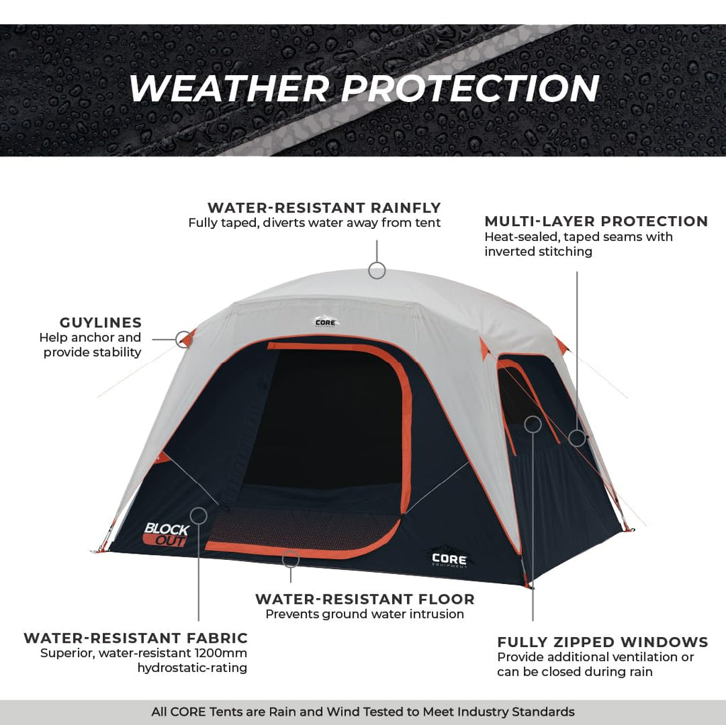 CORE Blackout 6 Person Dome Tent | Portable Car Camping Outdoor Family Dark Room Tent | Included Wall Organizer for Camping Accessories