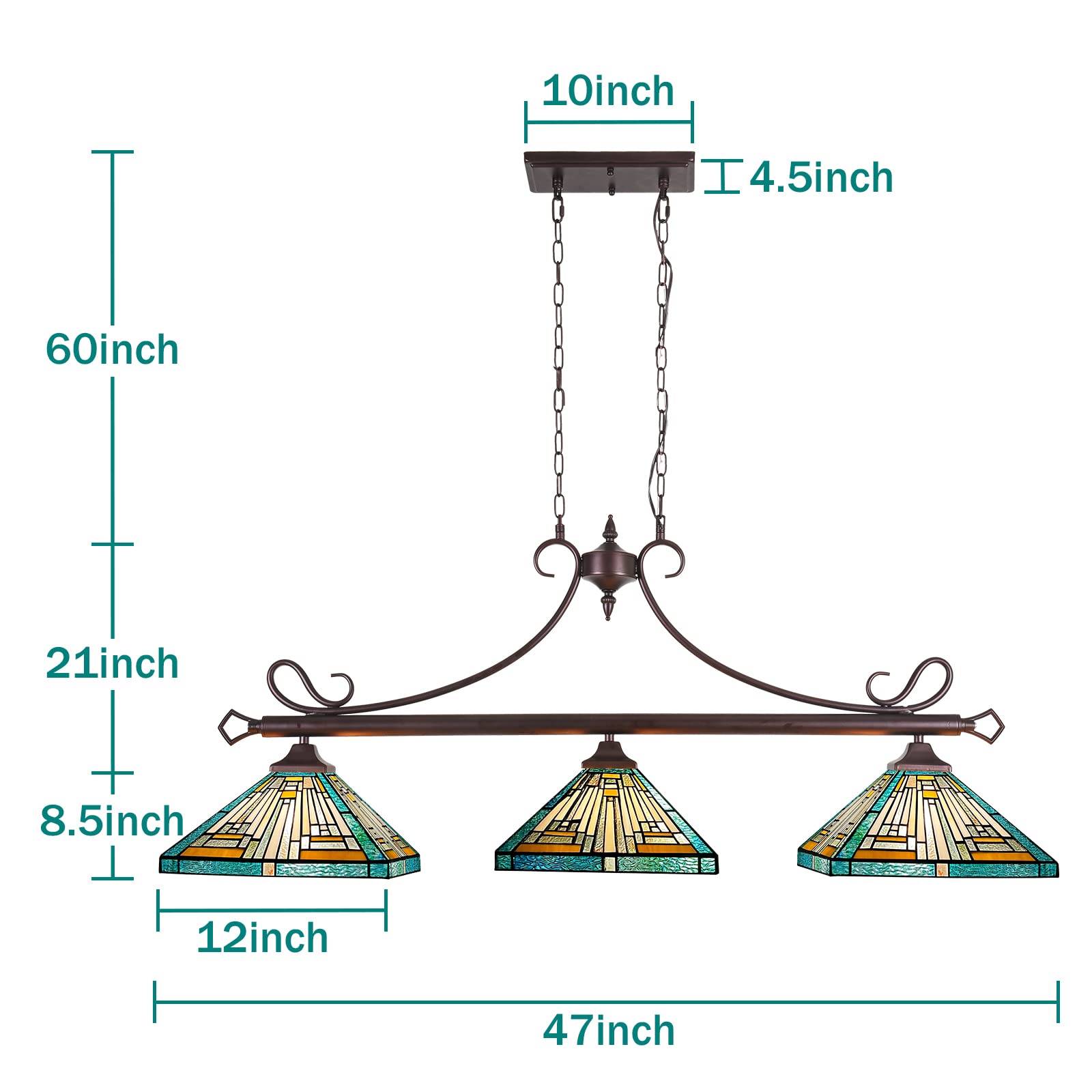 Capulina Tiffany Lamp Stained Glass Pool Table Light Chandelier 3-Lights 12 Inches Wide Amber Green Antique Mission Tiffany Style Pendant Light for Dining Room Kitchen Island Pool Table Hall Farmhouse