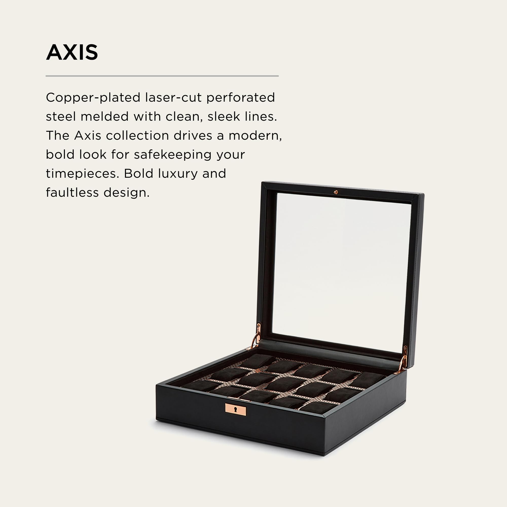 WOLF Axis 15-Piece Watch Box, Copper - Features 15 Watch Compartments, Lock and Key, Suspended Watch Cushions & Smart Watch USB Port