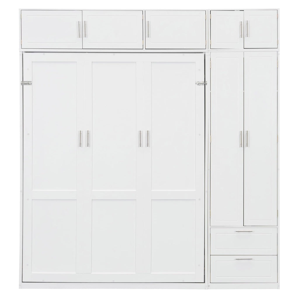 Merax Queen Size Murphy Bed with Top Cabinet, Shelves and Wardrobe, Fold into The Wall, Space-Saving Design, Multifunctional Foldable Platform Bed Frame for Bedroom, Guest Room, Home Office, White