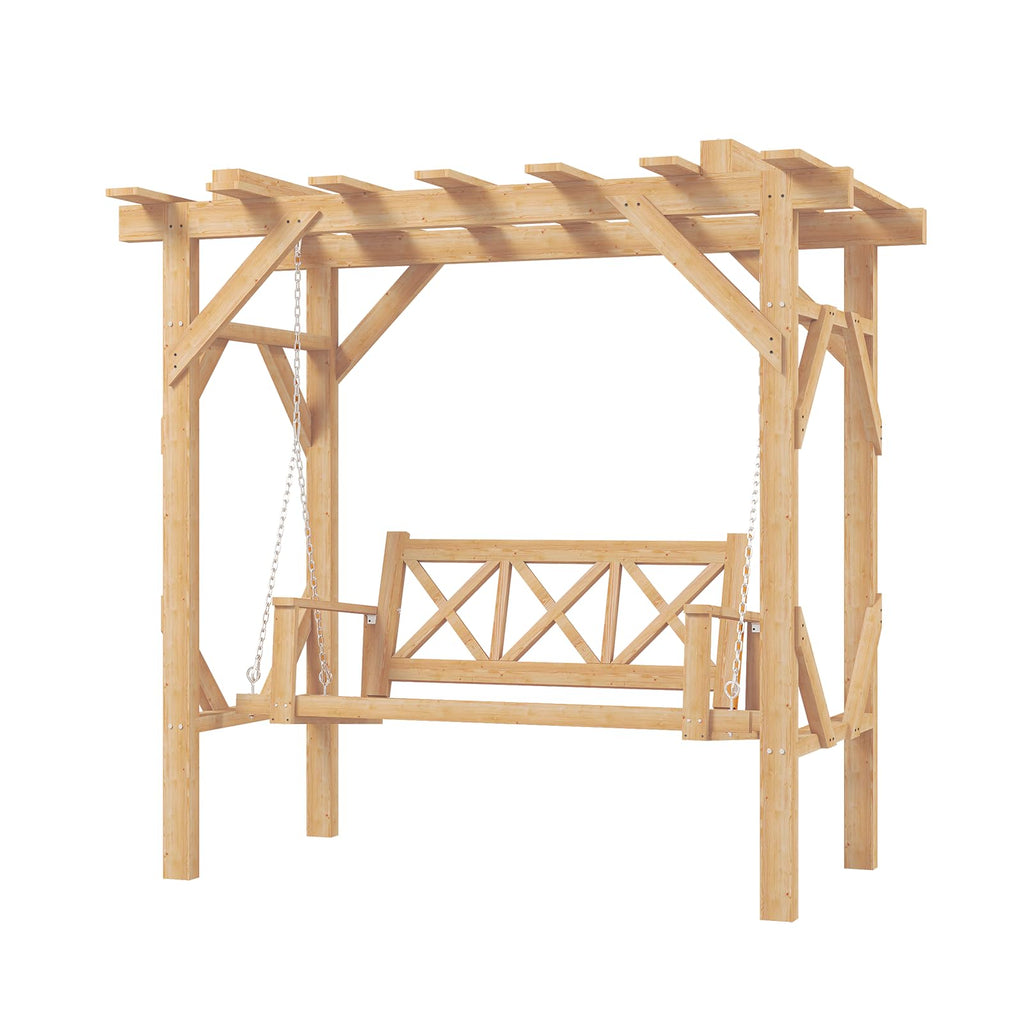 Aoxun Cedar Wood Outdoor Pergola Swing Bench, Porch Swing with Stand, 3-Seat Hammock Patio Swing Set with Canopy，Metal Chains for Backyard, Garden, Natural