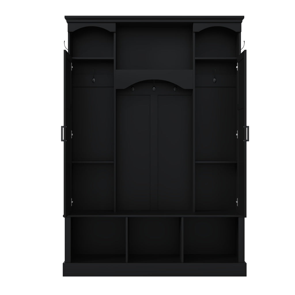 FILWY ON-Trend Modern All-in-One Hall Tree with Adjustable Shelves, Classic Arched Farmhouse Storage Bench with Dual Side Cabinets, Elegant Entryway Organizer with 7 Hooks for Mudroom, Hallway