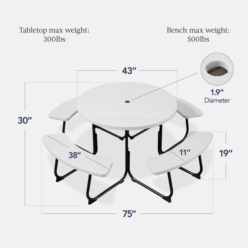 Best Choice Products 8-Person Outdoor Bench Patio Picnic Table, Circular w/ 4 Built-in Benches and Umbrella Hole, 2000lb Capacity - White