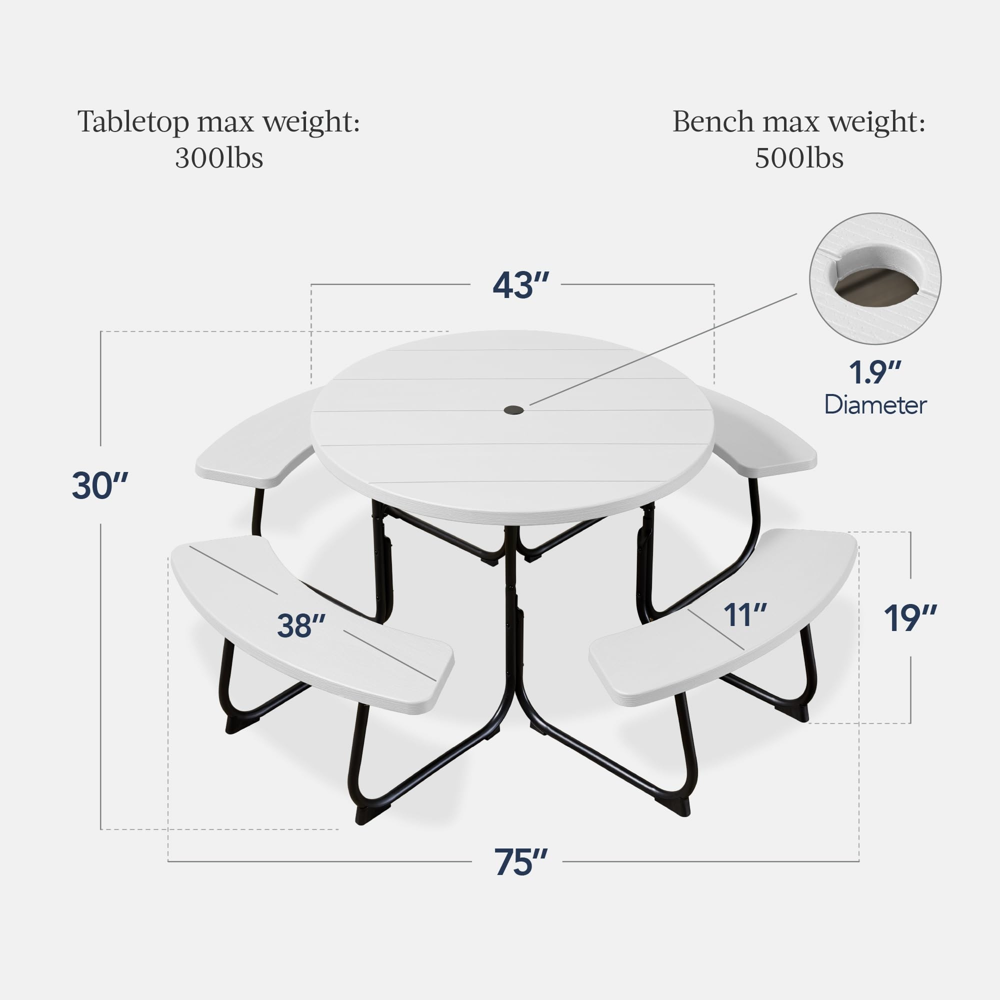 Best Choice Products 8-Person Outdoor Bench Patio Picnic Table, Circular w/ 4 Built-in Benches and Umbrella Hole, 2000lb Capacity - White