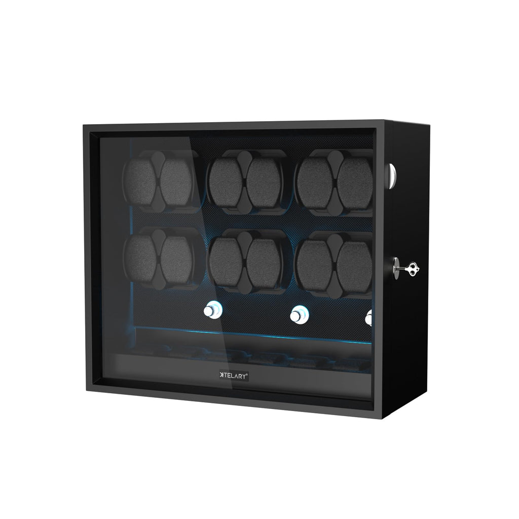 XTELARY Watch Winder for 12 Automatic Watches, Black Lockable Automatic Winders with Extra 6 Watch Storages, 4 Rotation Modes, Flexible Watch Pillows, Quiet Mabuchi Motor, and Blue Backlight