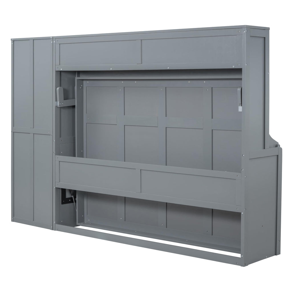 Ball & Cast Queen Size Murphy Bed Wall Chest with Closet and Storage Drawers,Wood Hideaway Platform Bedframe can be Folded,Easy Assembly,for Kids Bedroom,Student Dorms,Gray