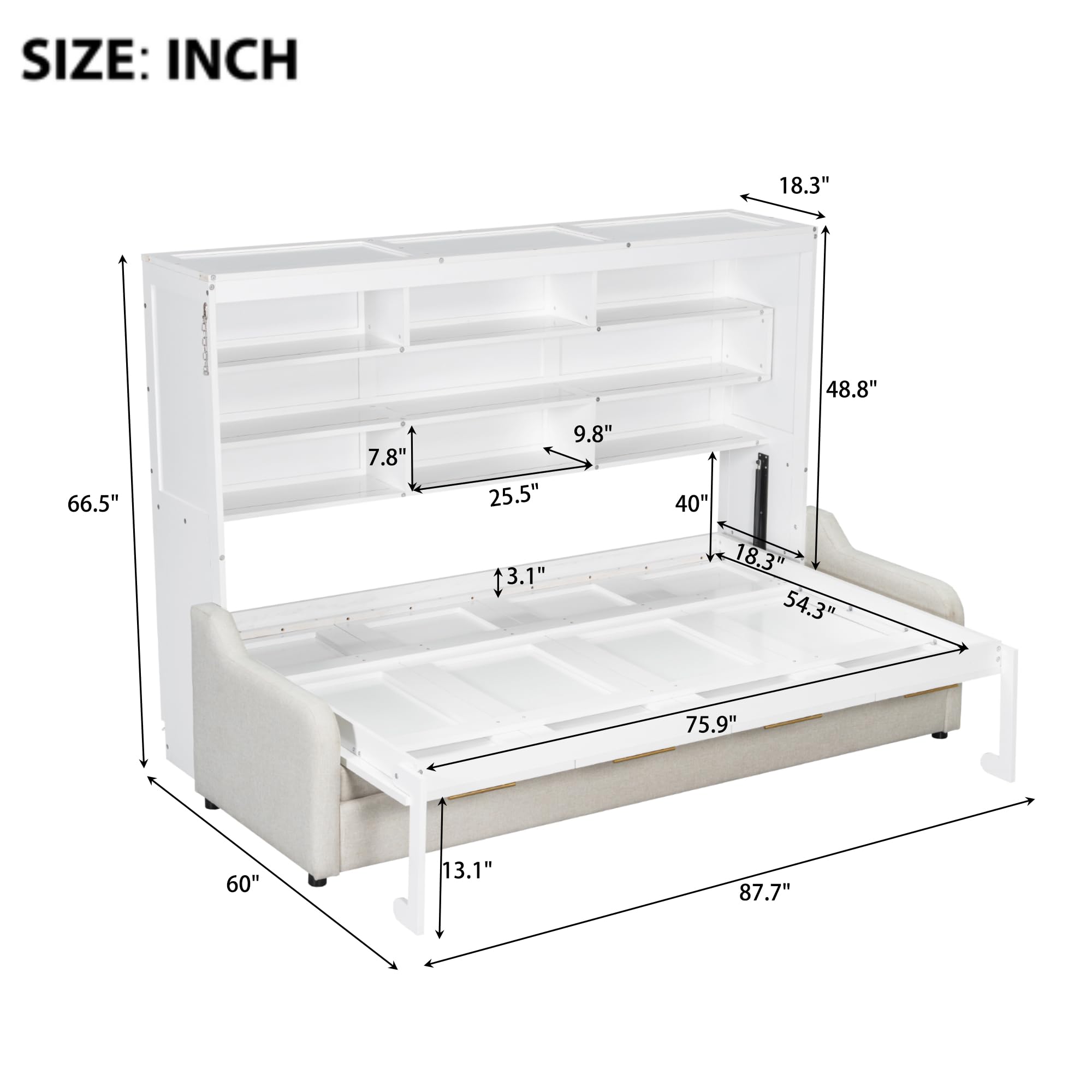 Bellemave Full Size Murphy Bed with Sofa, Cabinet Bed with Storage Shelves and LED Light, Farmhouse Murphy Cabinet with Folding Sofa, Noisy Free, for Guest Bedroom, Living Room, Office, Beige