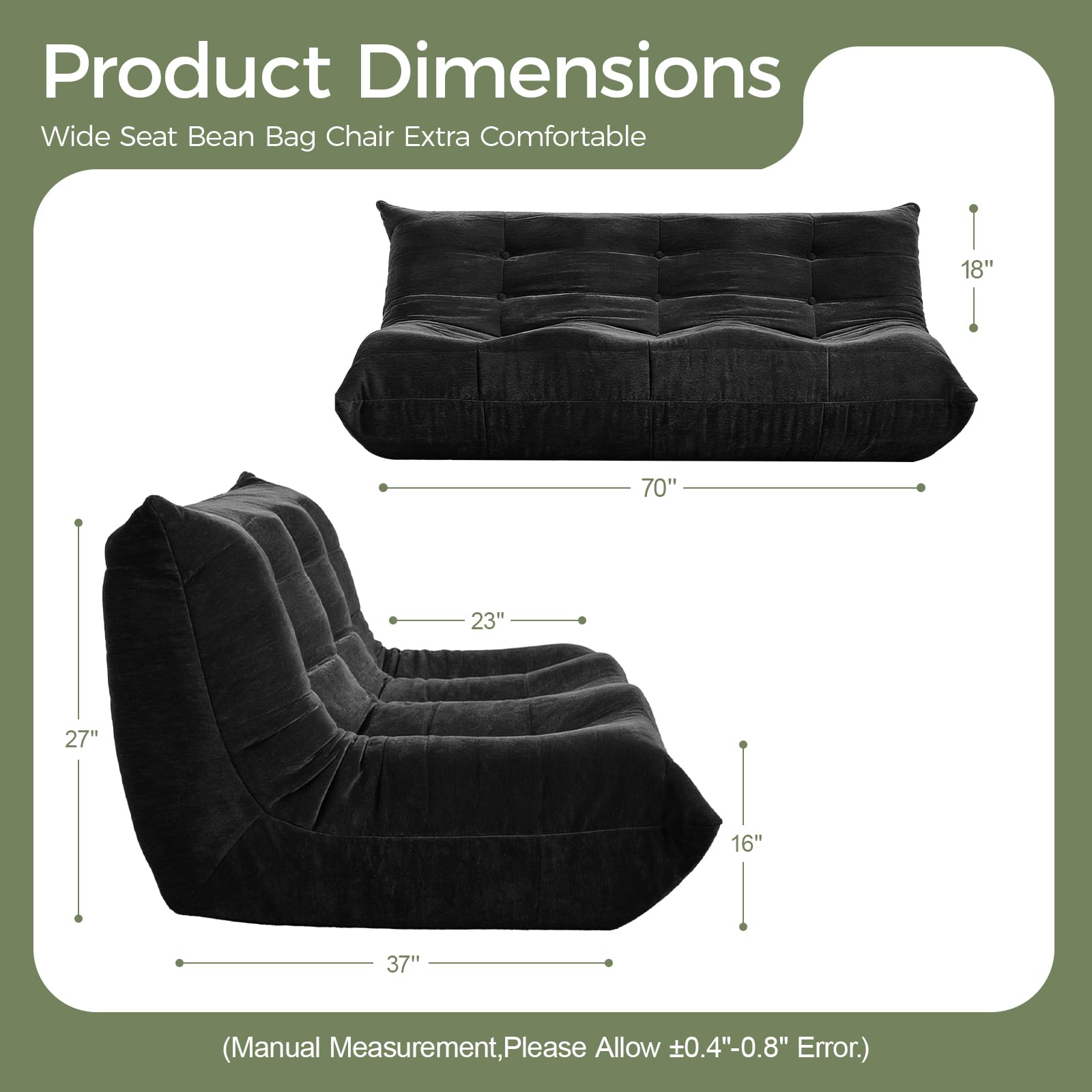 SUYOLS Bean Bag Chair, 3 Seater Fireside Chair Large Bean Bag Sofa for Adults, Memory Foam Chairs Gaming Chairs with Comfy Design & Soft Fabric, Lazy Floor Sofa for Living Room, Bedroom, Dark Gray