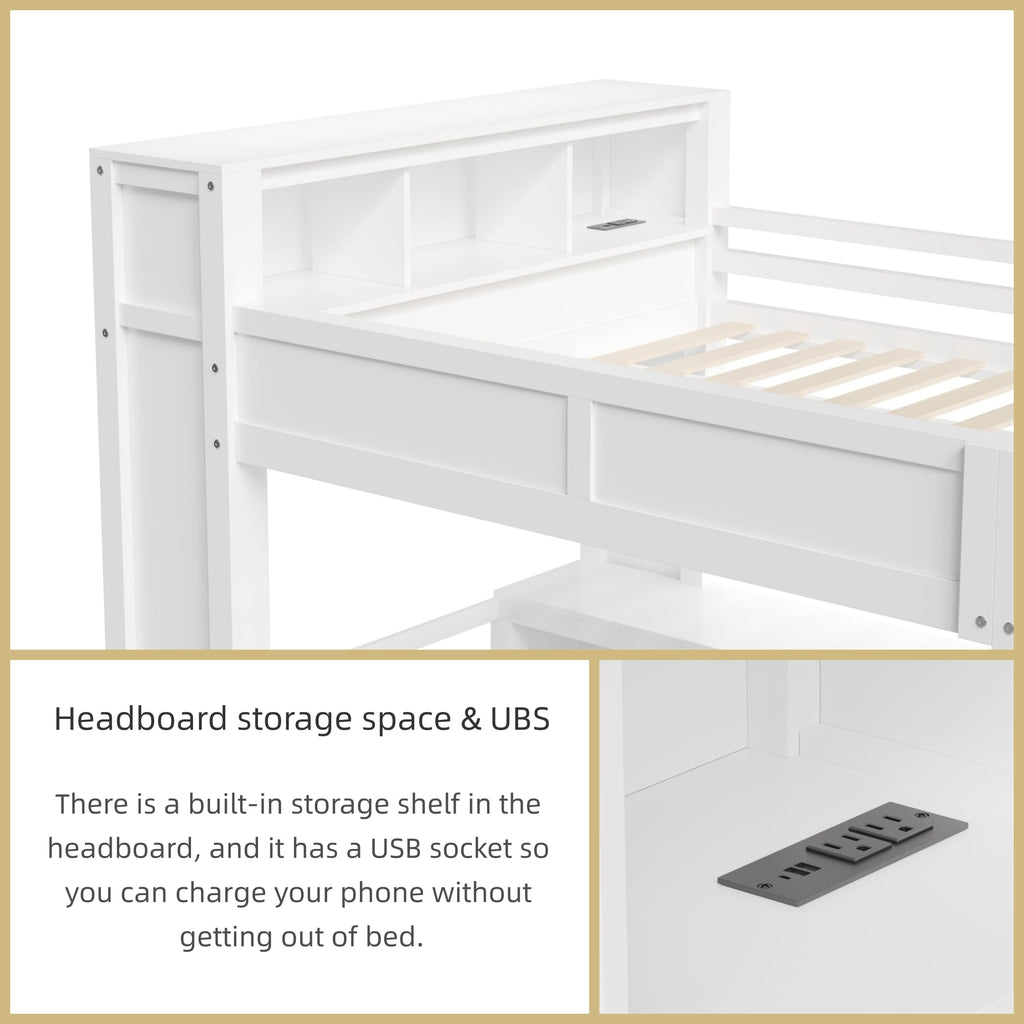 Merax Queen Loft Bed Frame with Desk and Wardrobe, Headboard with Storage & Charging Station, Wood Loft Bunk Bed with Solid Slats & Guardrail, No Box Spring Needed, Space-Saving, Noise Free, White
