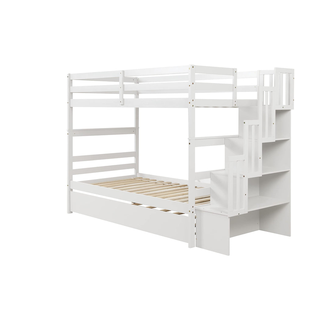 Twin Over Twin Bunk Bed with Trundle,Solid Wood Bunk Beds with Storage Stairs,Bunk Bed Twin Size with Stairs for Kids,Teens,Adults,White